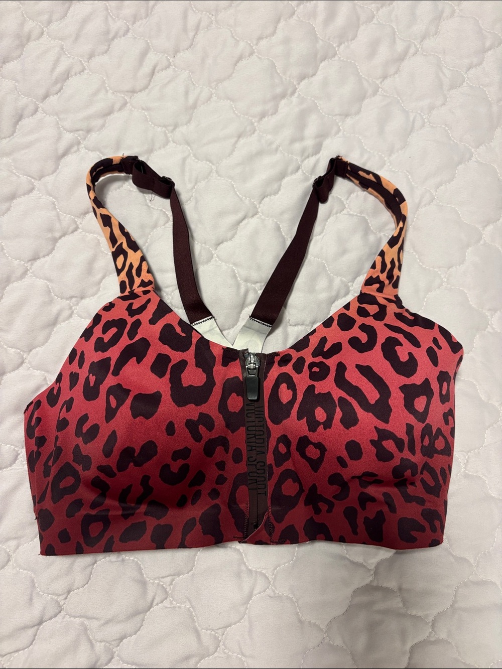 Victoria Secret- Red Leopard Print Front-Zip Sports Bra
